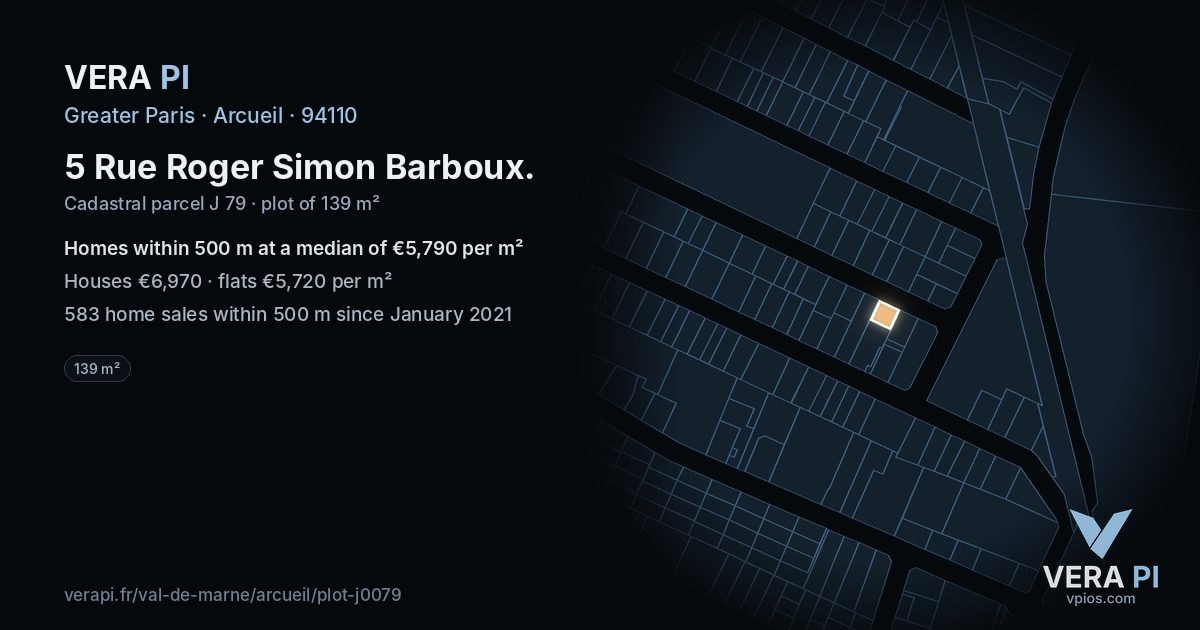 5 Rue Roger Simon Barboux, Arcueil at night – the plot lit, the parcels around coloured by the prices near them