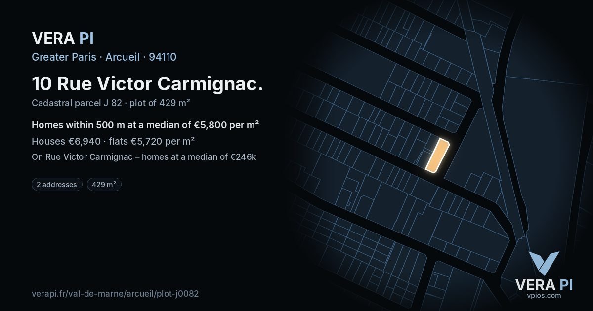 10 Rue Victor Carmignac, Arcueil at night – the plot lit, the parcels around coloured by the prices near them