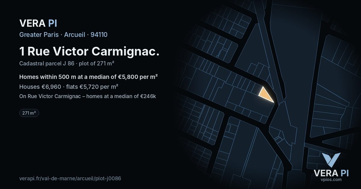 1 Rue Victor Carmignac, Arcueil at night – the plot lit, the parcels around coloured by the prices near them