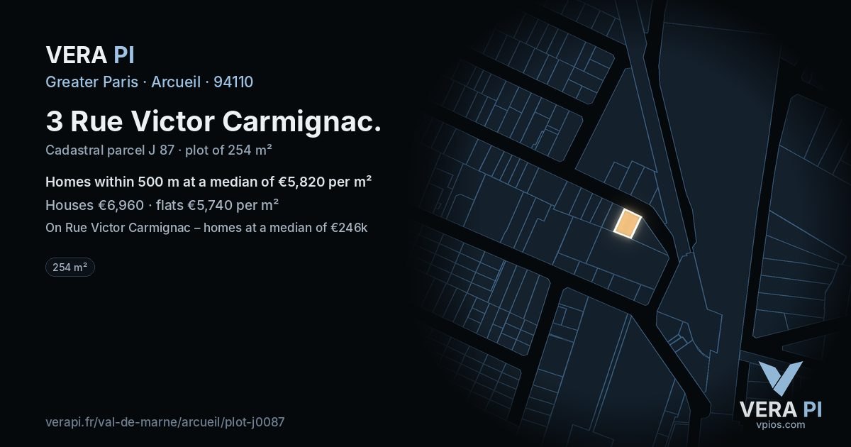 3 Rue Victor Carmignac, Arcueil at night – the plot lit, the parcels around coloured by the prices near them