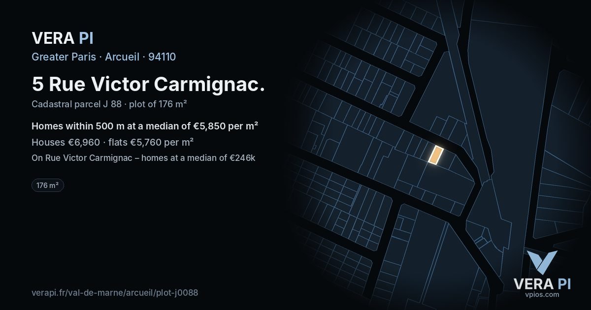 5 Rue Victor Carmignac, Arcueil at night – the plot lit, the parcels around coloured by the prices near them
