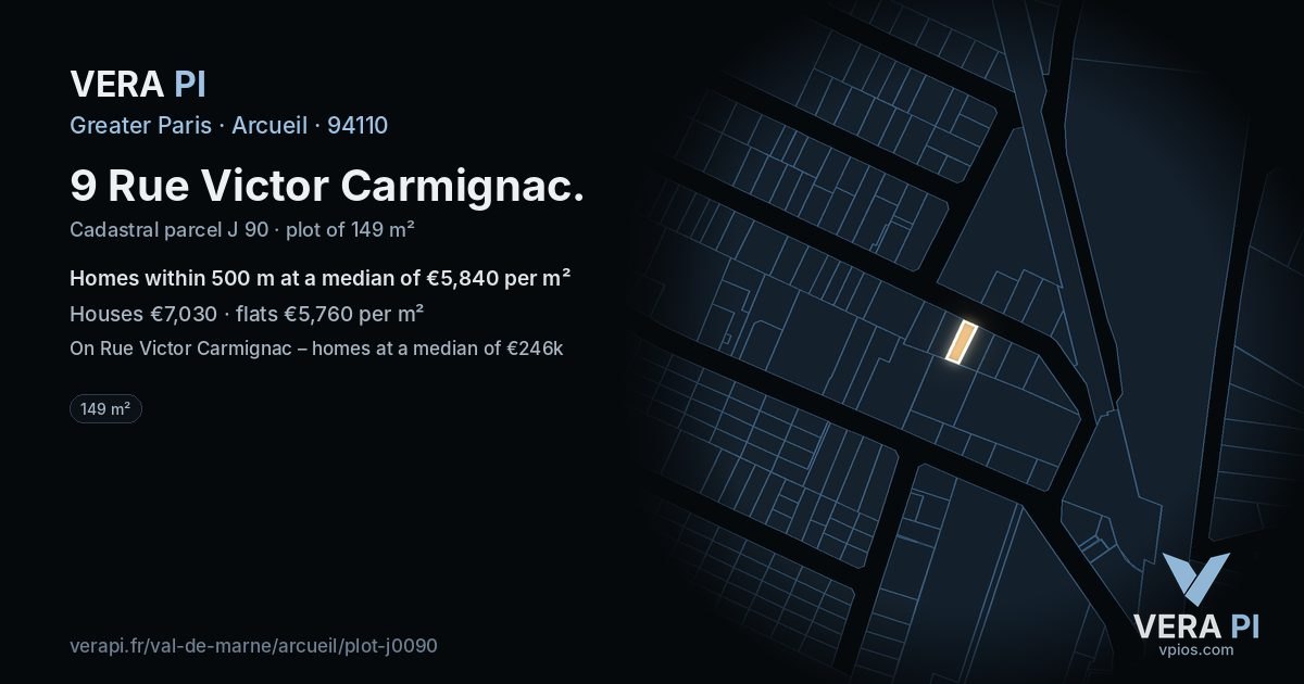 9 Rue Victor Carmignac, Arcueil at night – the plot lit, the parcels around coloured by the prices near them