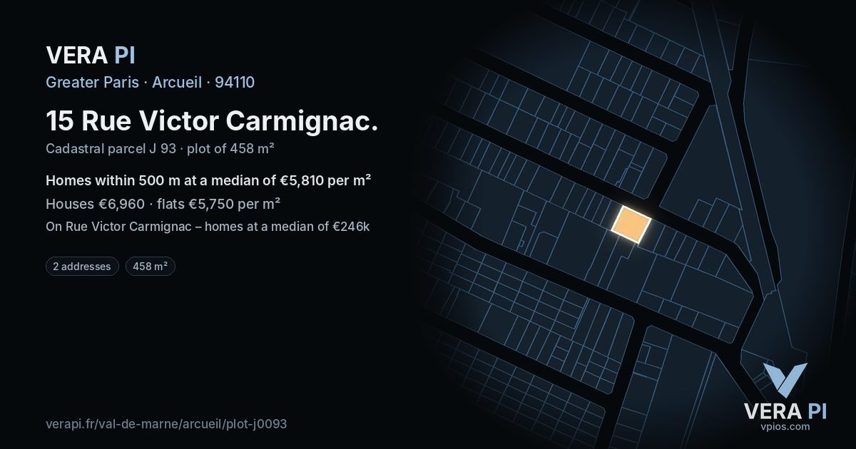 15 Rue Victor Carmignac, Arcueil at night – the plot lit, the parcels around coloured by the prices near them