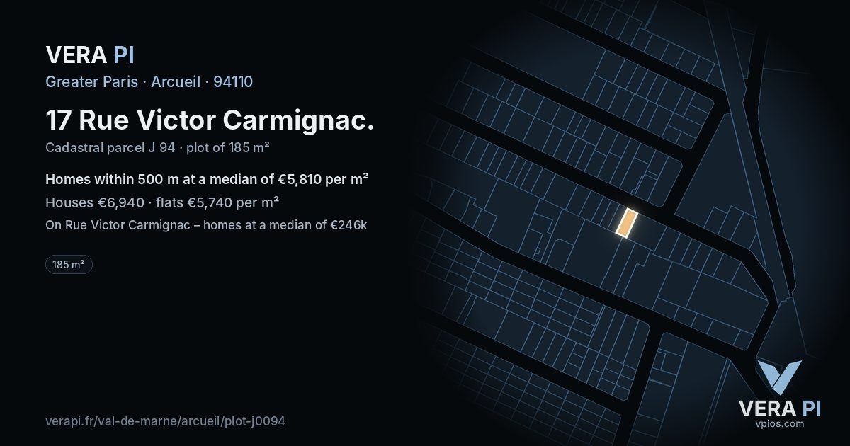 17 Rue Victor Carmignac, Arcueil at night – the plot lit, the parcels around coloured by the prices near them