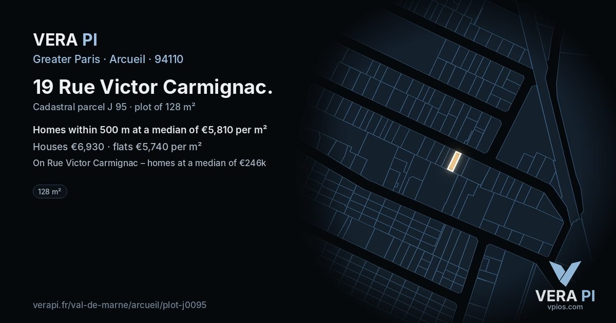 19 Rue Victor Carmignac, Arcueil at night – the plot lit, the parcels around coloured by the prices near them