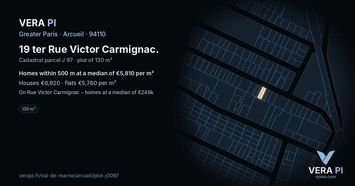 19 ter Rue Victor Carmignac, Arcueil at night – the plot lit, the parcels around coloured by the prices near them
