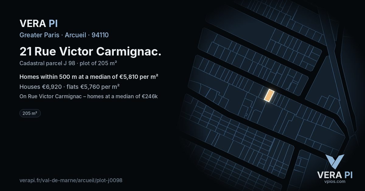 21 Rue Victor Carmignac, Arcueil at night – the plot lit, the parcels around coloured by the prices near them