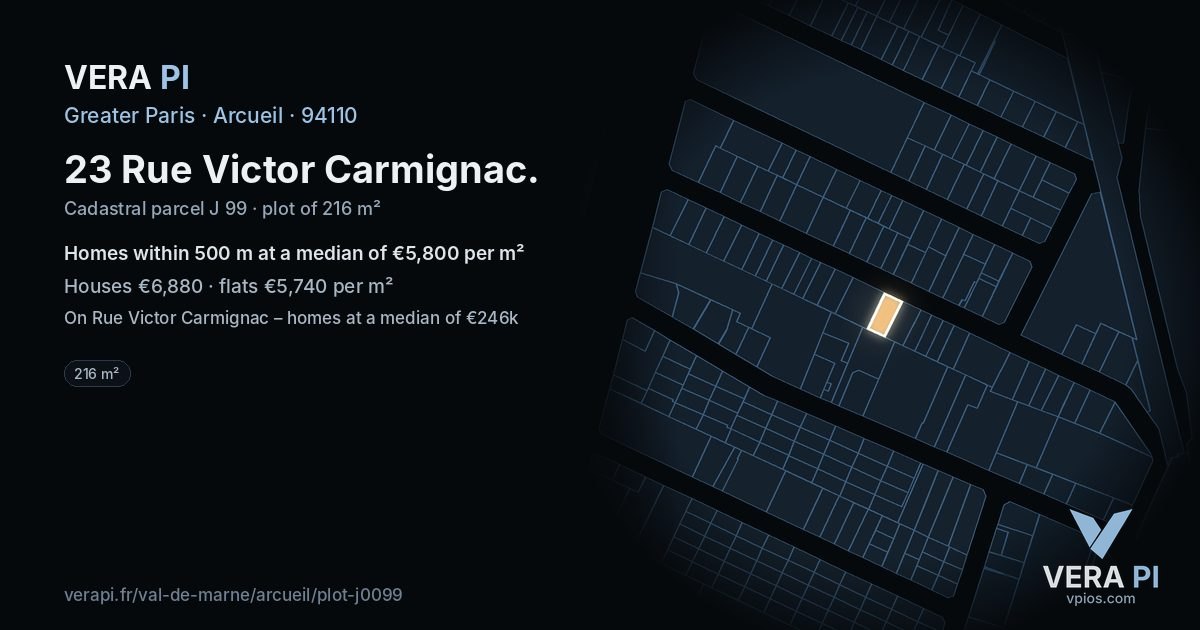 23 Rue Victor Carmignac, Arcueil at night – the plot lit, the parcels around coloured by the prices near them