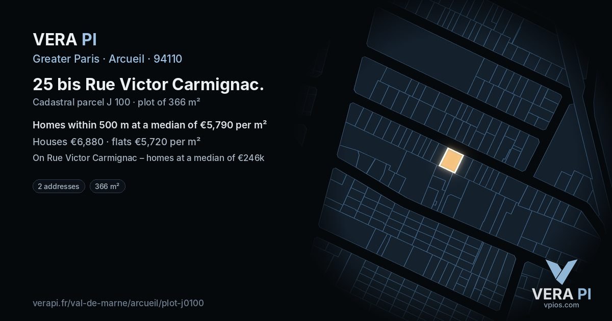 25 bis Rue Victor Carmignac, Arcueil at night – the plot lit, the parcels around coloured by the prices near them