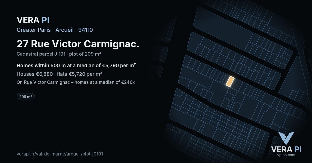 27 Rue Victor Carmignac, Arcueil at night – the plot lit, the parcels around coloured by the prices near them