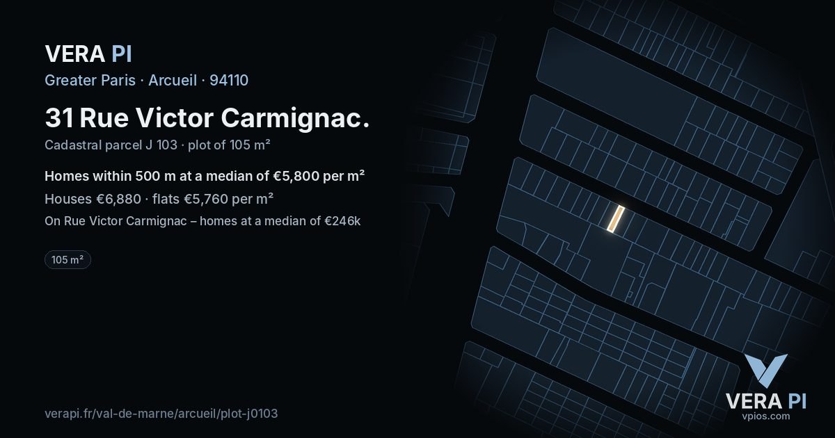 31 Rue Victor Carmignac, Arcueil at night – the plot lit, the parcels around coloured by the prices near them