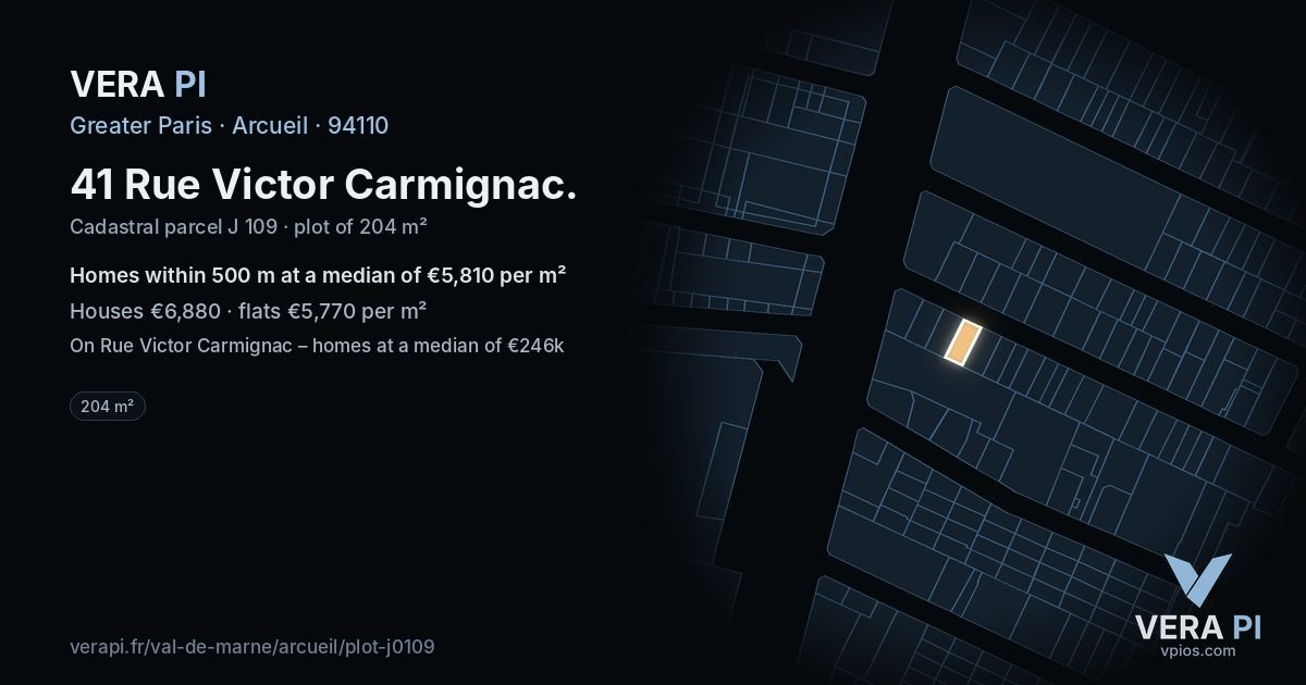 41 Rue Victor Carmignac, Arcueil at night – the plot lit, the parcels around coloured by the prices near them