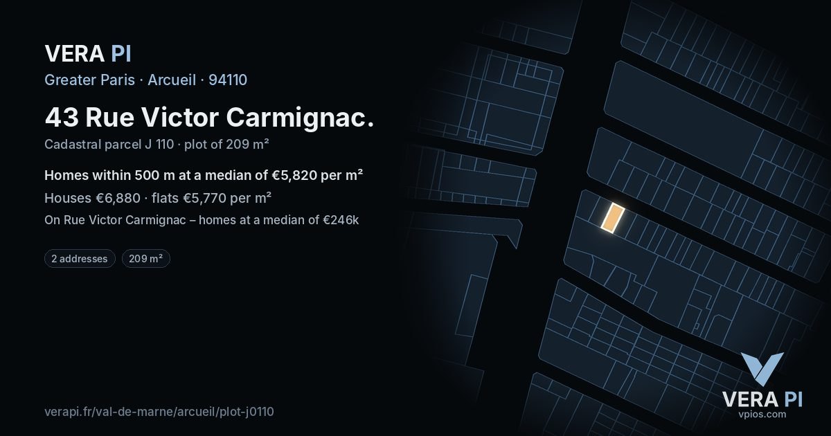43 Rue Victor Carmignac, Arcueil at night – the plot lit, the parcels around coloured by the prices near them