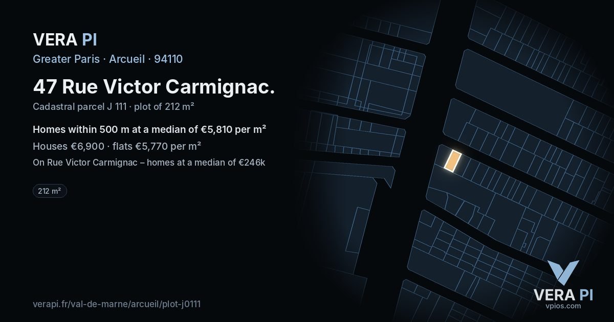 47 Rue Victor Carmignac, Arcueil at night – the plot lit, the parcels around coloured by the prices near them
