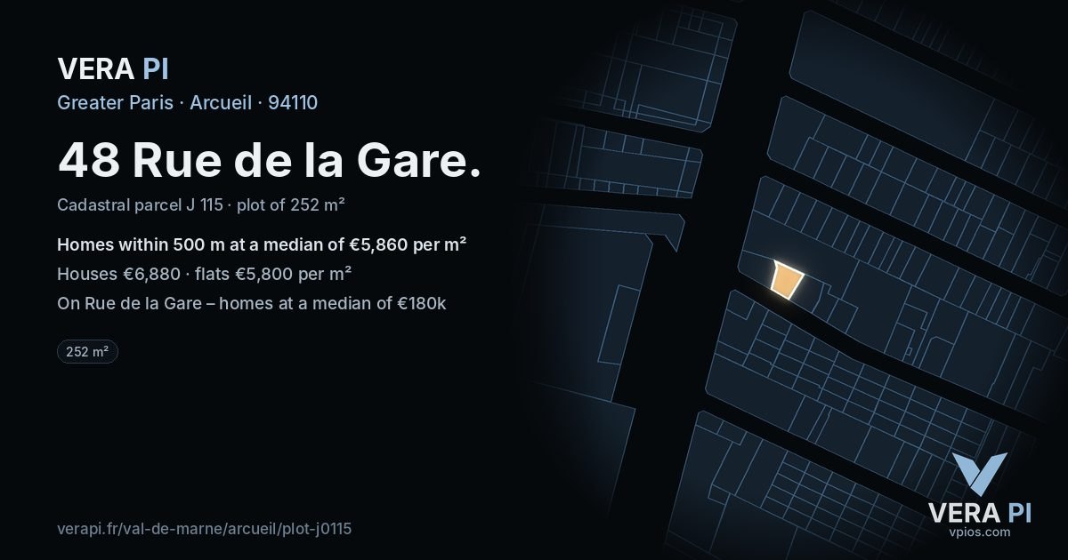 48 Rue de la Gare, Arcueil at night – the plot lit, the parcels around coloured by the prices near them