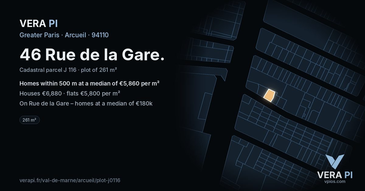 46 Rue de la Gare, Arcueil at night – the plot lit, the parcels around coloured by the prices near them