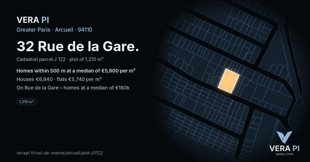 32 Rue de la Gare, Arcueil at night – the plot lit, the parcels around coloured by the prices near them
