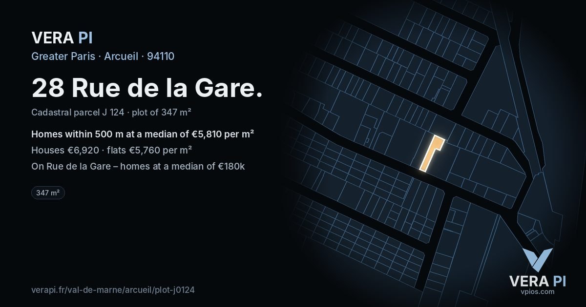 28 Rue de la Gare, Arcueil at night – the plot lit, the parcels around coloured by the prices near them