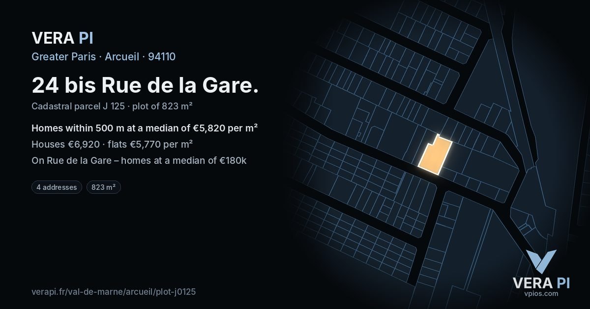 24 bis Rue de la Gare, Arcueil at night – the plot lit, the parcels around coloured by the prices near them
