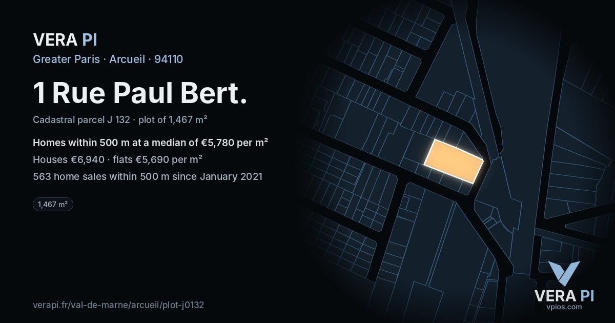 1 Rue Paul Bert, Arcueil at night – the plot lit, the parcels around coloured by the prices near them