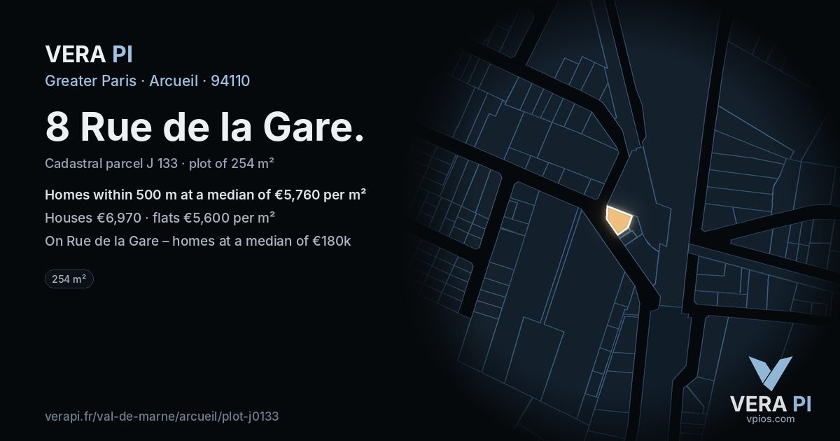 8 Rue de la Gare, Arcueil at night – the plot lit, the parcels around coloured by the prices near them