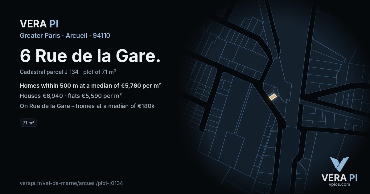 6 Rue de la Gare, Arcueil at night – the plot lit, the parcels around coloured by the prices near them