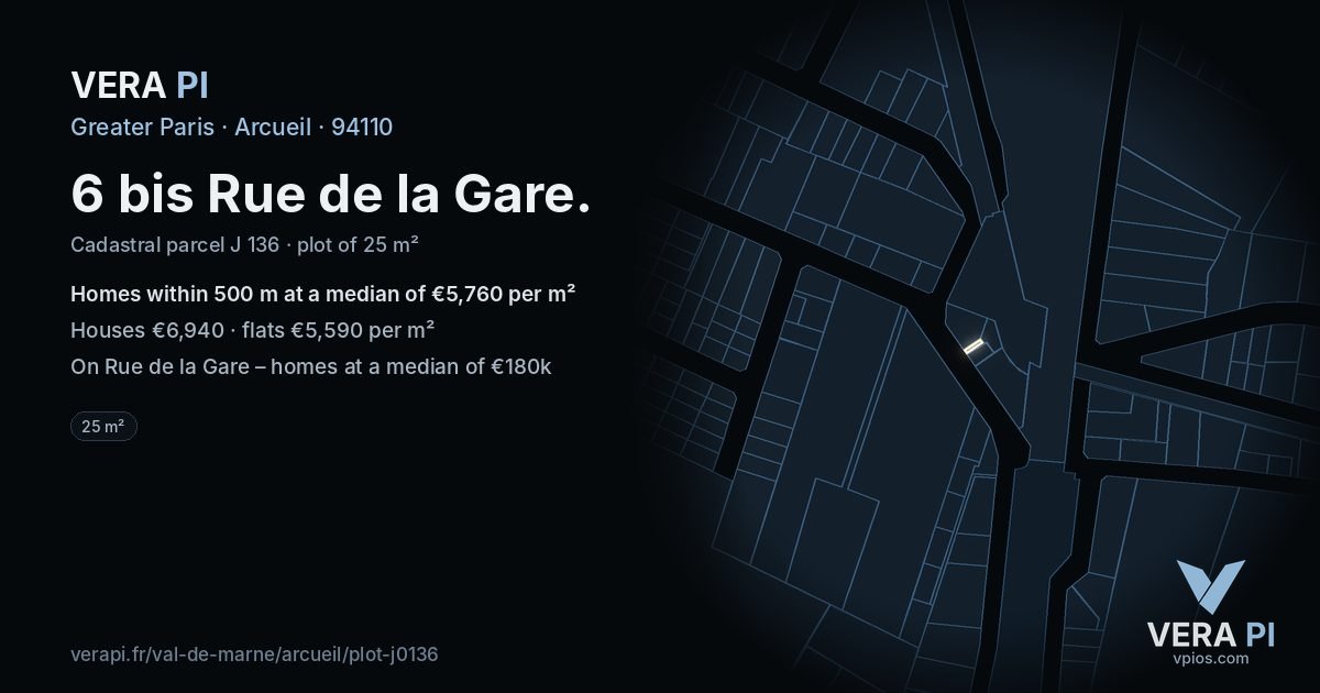 6 bis Rue de la Gare, Arcueil at night – the plot lit, the parcels around coloured by the prices near them