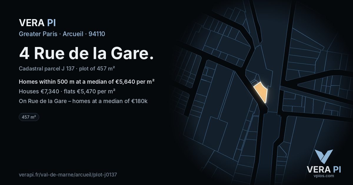 4 Rue de la Gare, Arcueil at night – the plot lit, the parcels around coloured by the prices near them