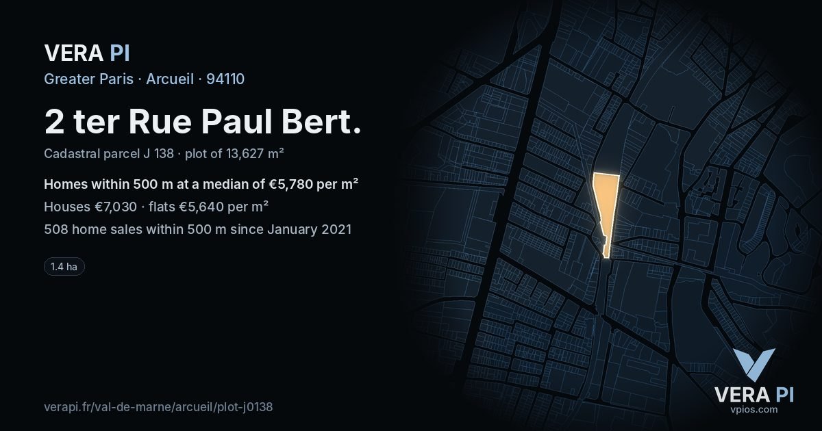 2 ter Rue Paul Bert, Arcueil at night – the plot lit, the parcels around coloured by the prices near them