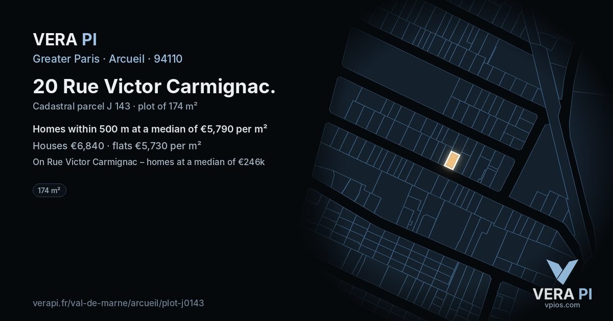 20 Rue Victor Carmignac, Arcueil at night – the plot lit, the parcels around coloured by the prices near them