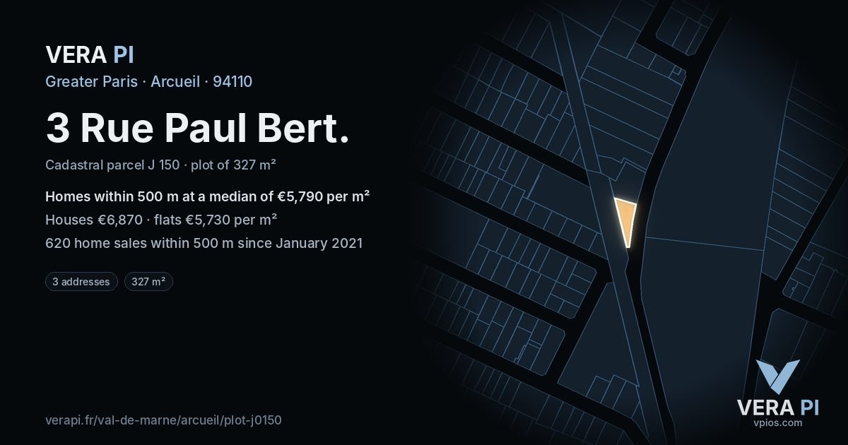 3 Rue Paul Bert, Arcueil at night – the plot lit, the parcels around coloured by the prices near them