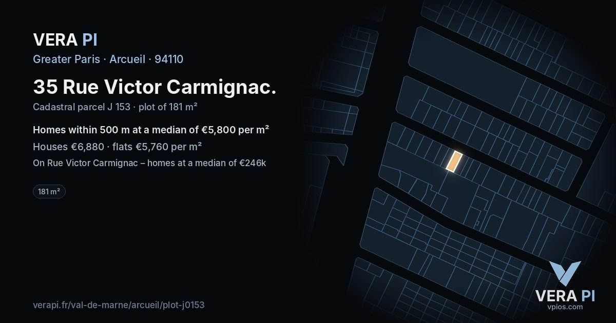35 Rue Victor Carmignac, Arcueil at night – the plot lit, the parcels around coloured by the prices near them
