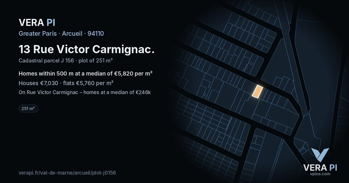 13 Rue Victor Carmignac, Arcueil at night – the plot lit, the parcels around coloured by the prices near them