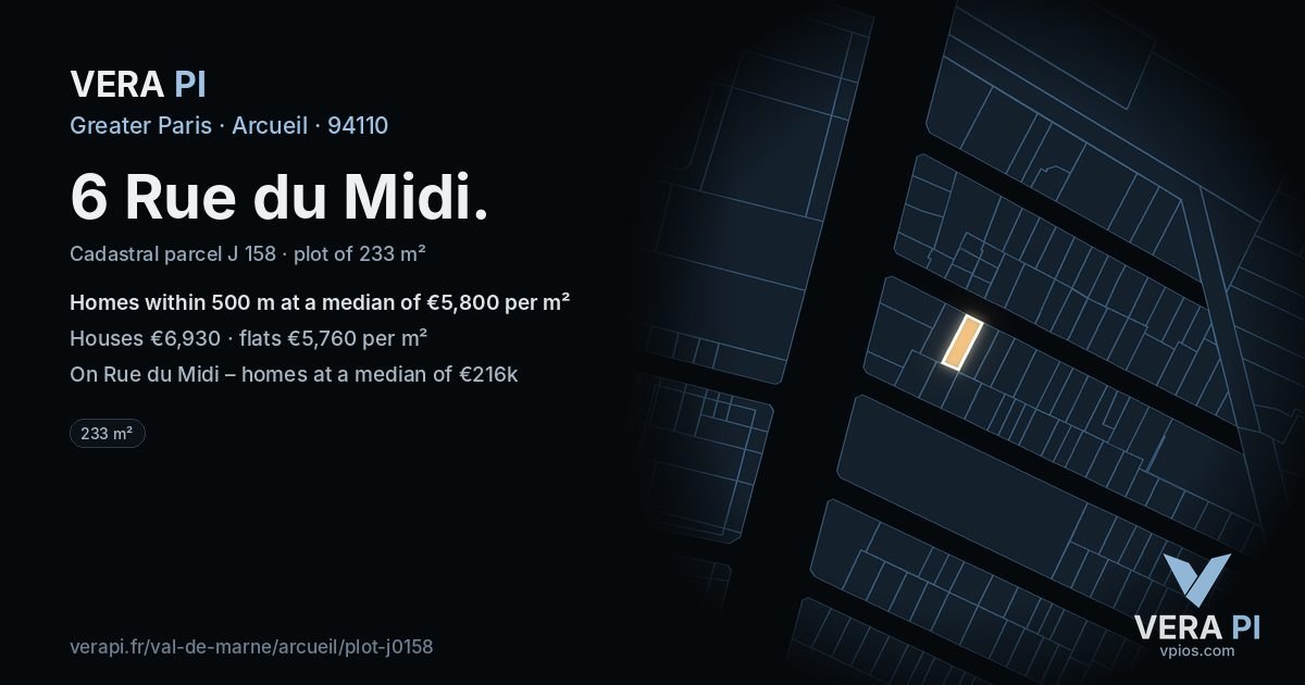 6 Rue du Midi, Arcueil at night – the plot lit, the parcels around coloured by the prices near them