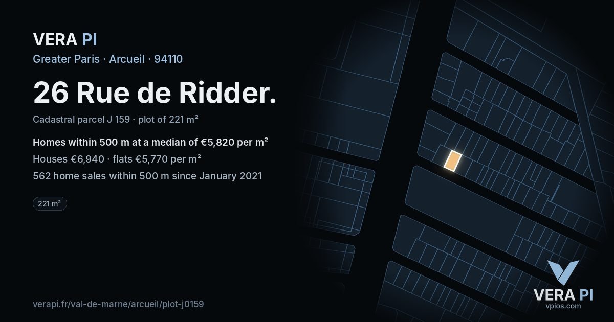 26 Rue de Ridder, Arcueil at night – the plot lit, the parcels around coloured by the prices near them