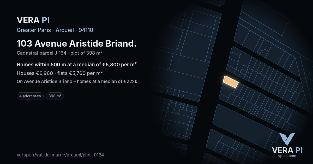 103 Avenue Aristide Briand, Arcueil at night – the plot lit, the parcels around coloured by the prices near them
