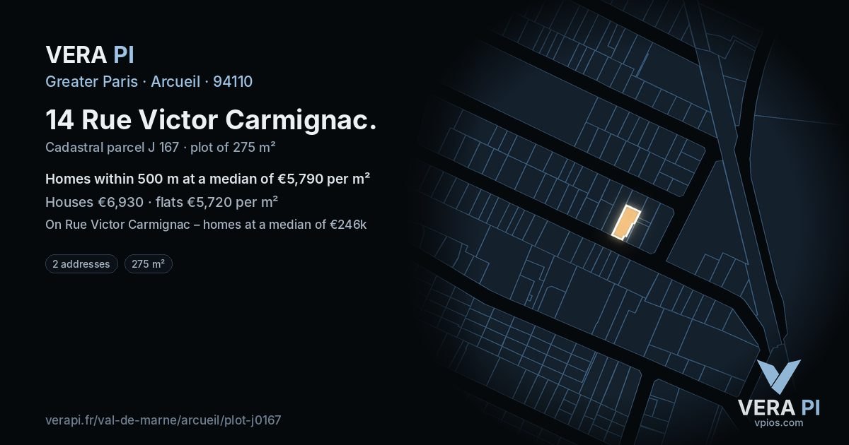 14 Rue Victor Carmignac, Arcueil at night – the plot lit, the parcels around coloured by the prices near them