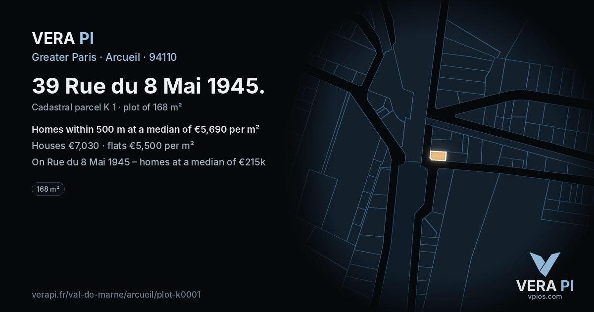 39 Rue du 8 Mai 1945, Arcueil at night – the plot lit, the parcels around coloured by the prices near them