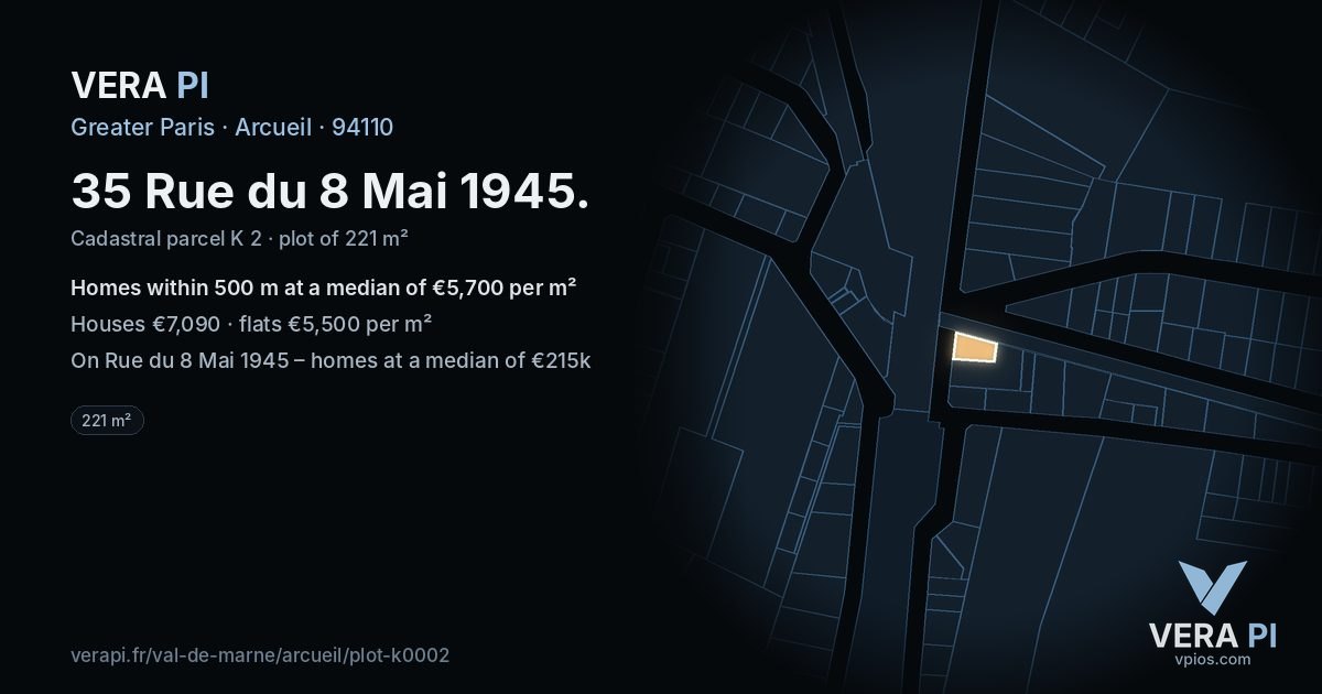 35 Rue du 8 Mai 1945, Arcueil at night – the plot lit, the parcels around coloured by the prices near them