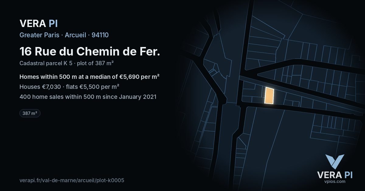 16 Rue du Chemin de Fer, Arcueil at night – the plot lit, the parcels around coloured by the prices near them