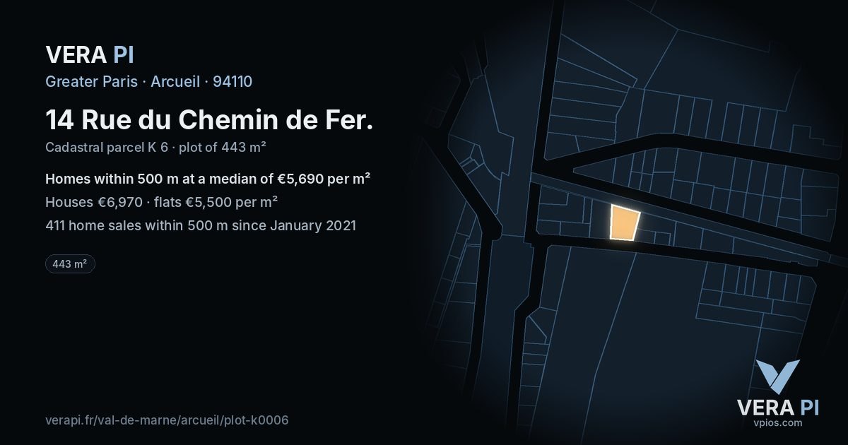 14 Rue du Chemin de Fer, Arcueil at night – the plot lit, the parcels around coloured by the prices near them