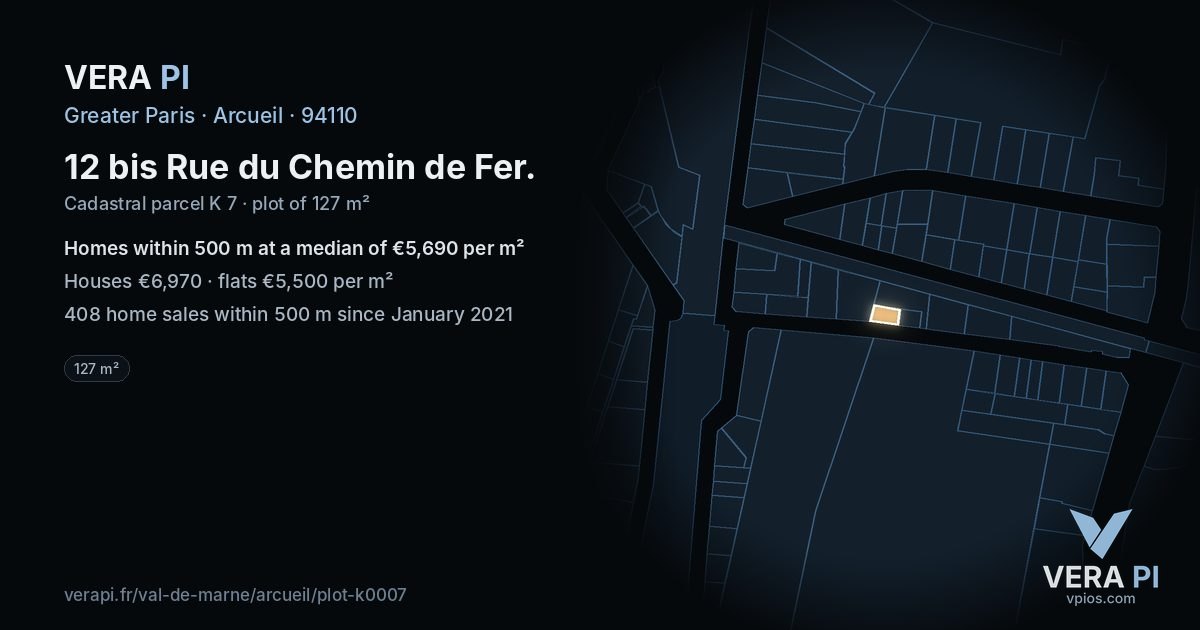 12 bis Rue du Chemin de Fer, Arcueil at night – the plot lit, the parcels around coloured by the prices near them