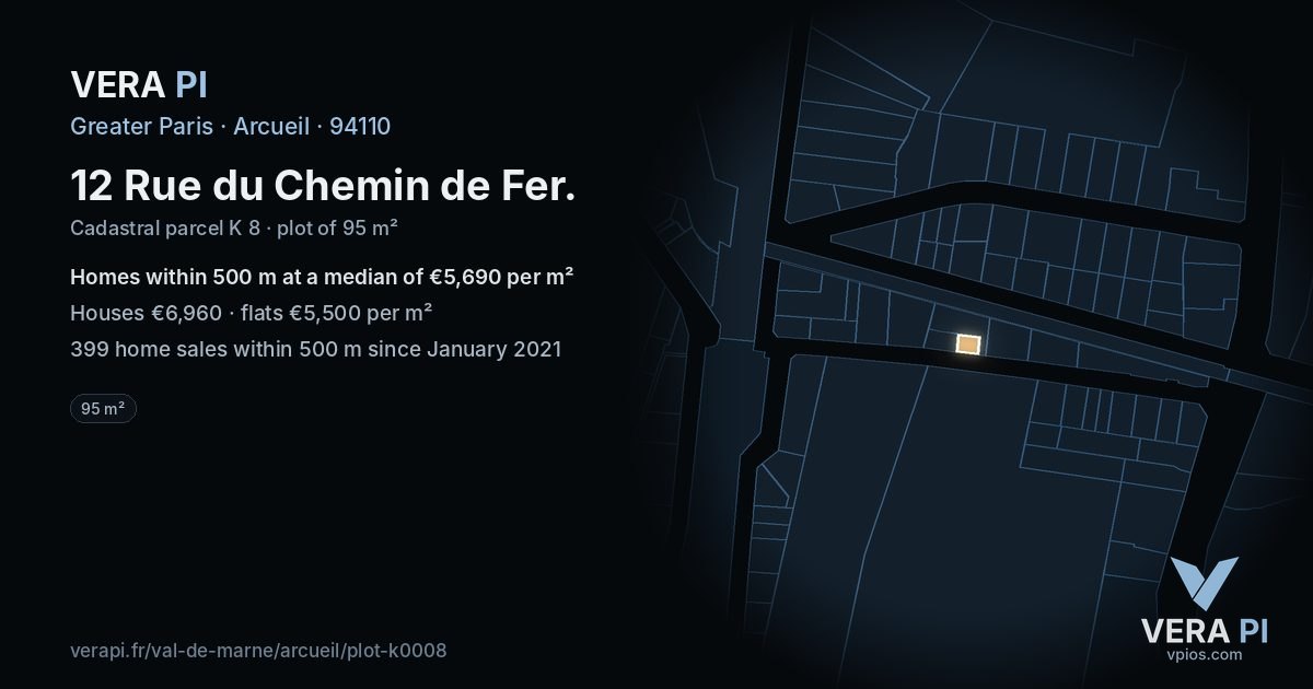 12 Rue du Chemin de Fer, Arcueil at night – the plot lit, the parcels around coloured by the prices near them