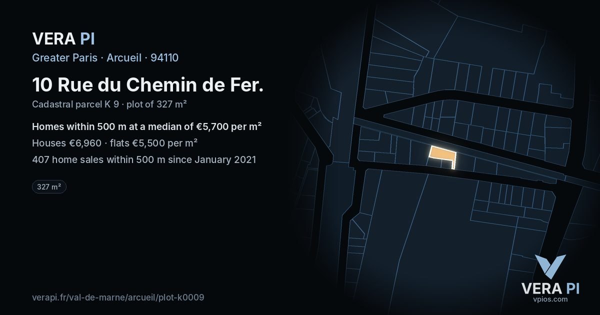 10 Rue du Chemin de Fer, Arcueil at night – the plot lit, the parcels around coloured by the prices near them