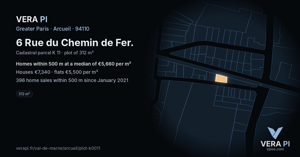 6 Rue du Chemin de Fer, Arcueil at night – the plot lit, the parcels around coloured by the prices near them