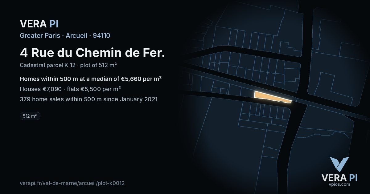 4 Rue du Chemin de Fer, Arcueil at night – the plot lit, the parcels around coloured by the prices near them