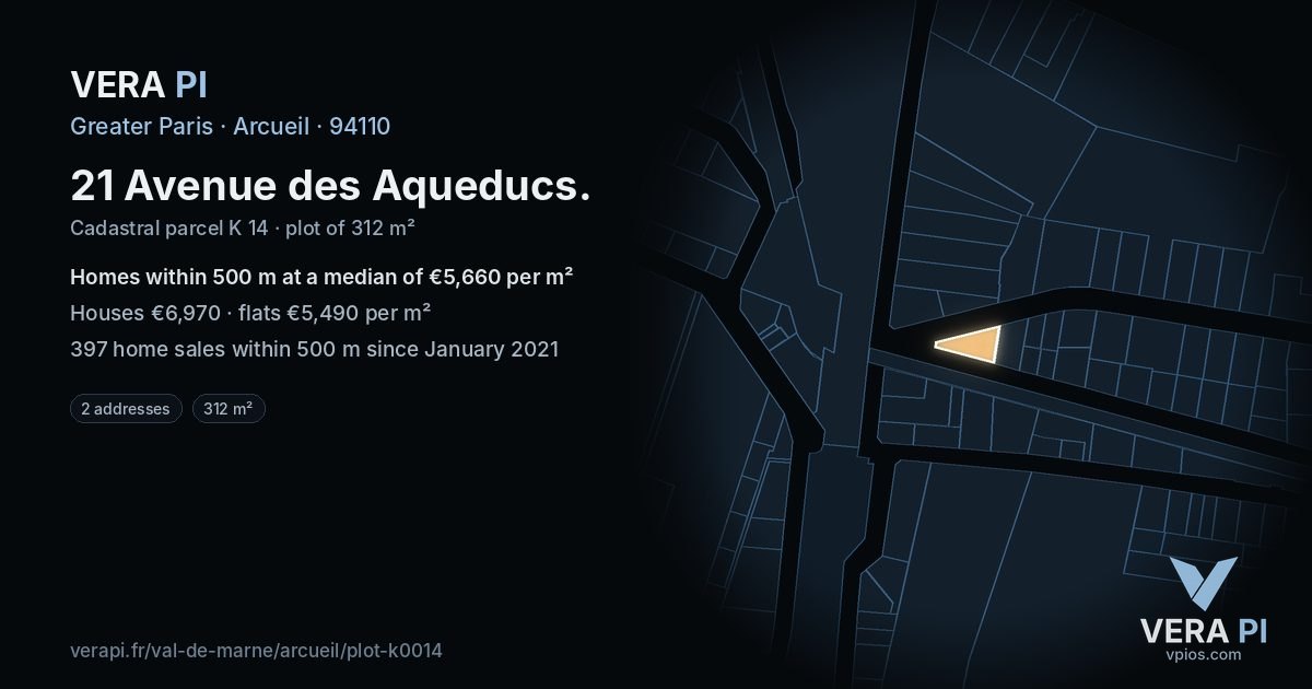 21 Avenue des Aqueducs, Arcueil at night – the plot lit, the parcels around coloured by the prices near them