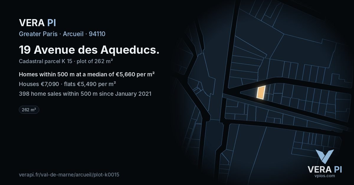 19 Avenue des Aqueducs, Arcueil at night – the plot lit, the parcels around coloured by the prices near them