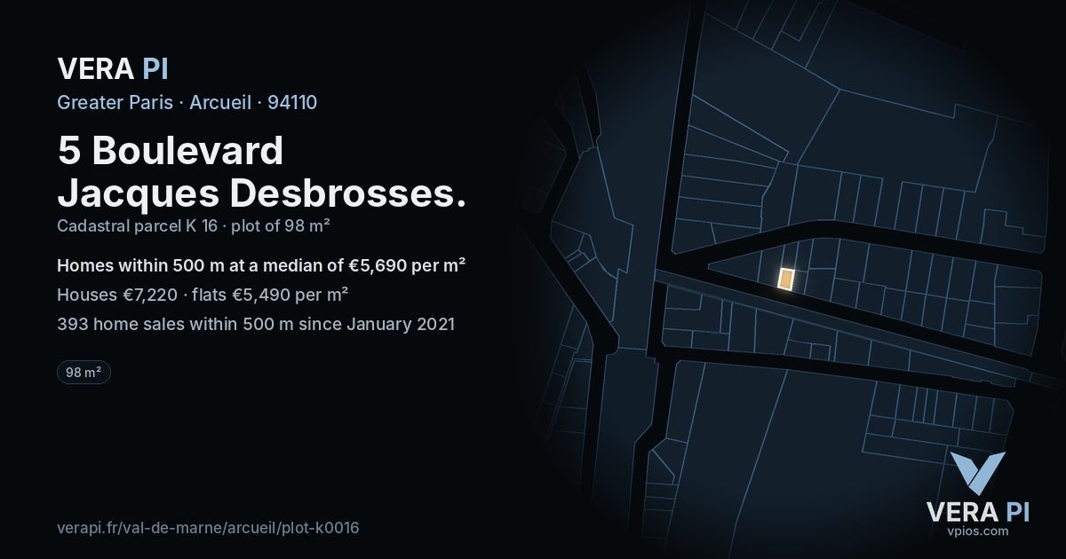 5 Boulevard Jacques Desbrosses, Arcueil at night – the plot lit, the parcels around coloured by the prices near them