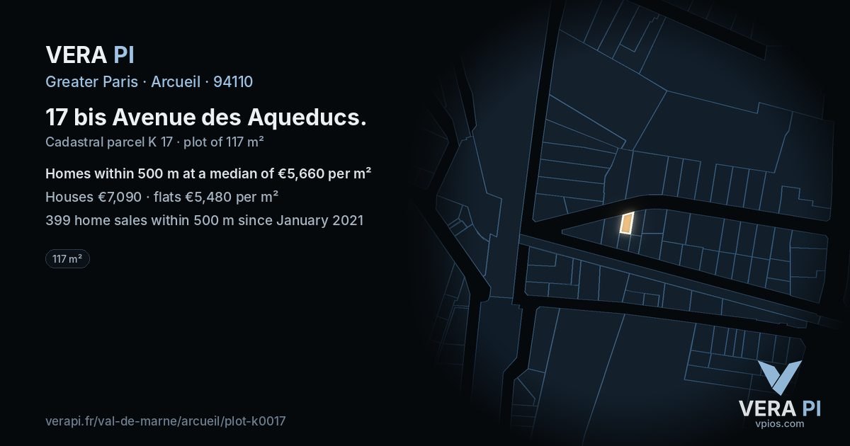 17 bis Avenue des Aqueducs, Arcueil at night – the plot lit, the parcels around coloured by the prices near them